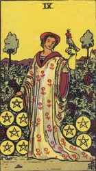 Nine of Pentacles, or Nine of Coins, Tarot card meaning and interpretation