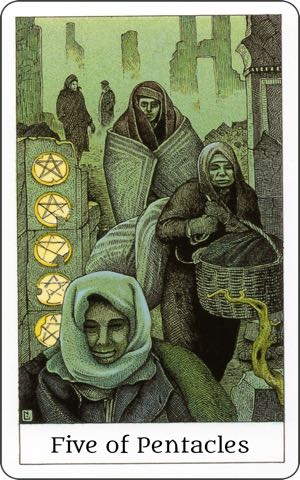 Five of Pentacles Card from the Rider Waite Smith Deck Five of Pentacles, or Five of Coins, Tarot card meaning and interpretation