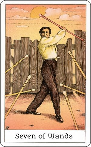 Seven of Wands Card from the Rider Waite Smith Deck Seven of Wands, Rods or Batons, Tarot card meaning and interpretation