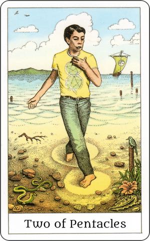 Two of Pentacles Card from the Rider Waite Smith Deck Two of Pentacles, or Two of Coins, Tarot card meaning and interpretation